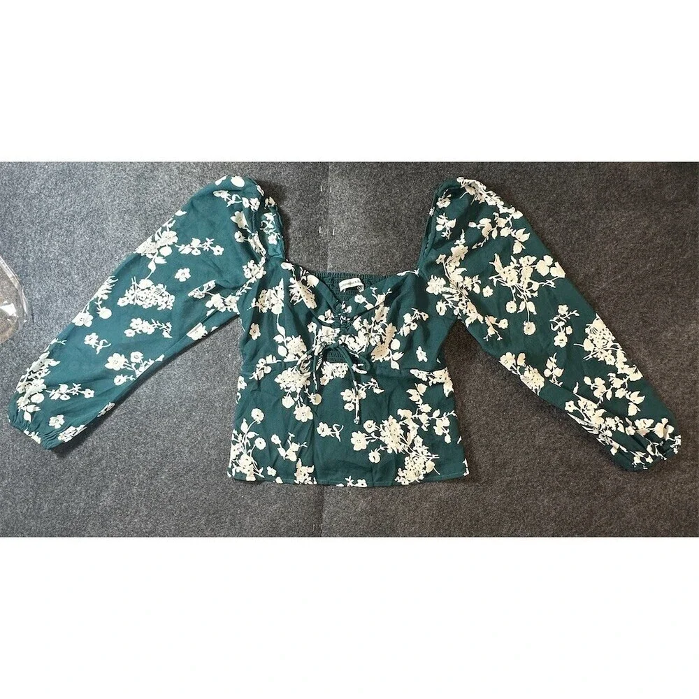 Abercrombie & Fitch Blouse Womens Size S Green Floral Sweetheart Tie